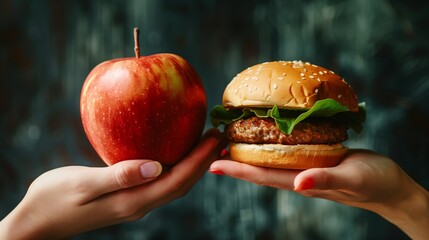 One hand holding apple fruit, other holding hamburger. Healthy natural organic fresh vegetarian food vs unhealthy processed fast junk food meat. Nutrition diet lifestyle, fitness eating choice 