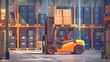 © Kristina - Orange and black forklift truck lifting wooden pallet full of cartoon boxes in a warehouse full of containers and packages. Industrial storage vehicle doing product distribution, storehouse logistics