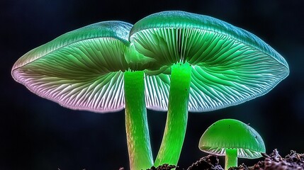 Wall Mural -   Green mushrooms on dirt near tree trunk