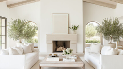 Frame mock up above minimalist fireplace | Bright living room with neutral decor and green accents | Modern Mediterranean design with large arched windows