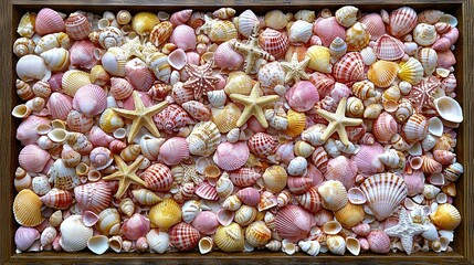 Poster -   A square wooden frame holds an arrangement of seashells and starfish on a wooden table top