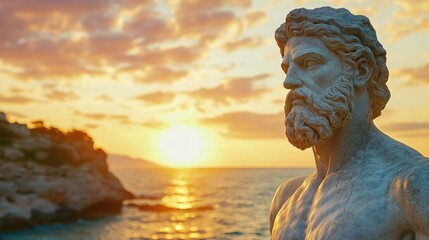 Statue of Zeus in ancient Greece with sea view at golden hour sunset. Greek Gods and mythology, head of Heracles