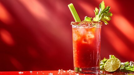 A spicy Bloody Mary with a celery stalk and lime wedge, isolated on a vibrant red background for a bold look