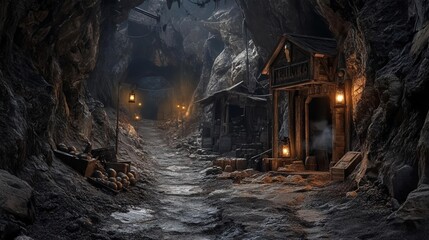 Haunted gold mine with ghostly miners and eerie lanterns, deep in the heart of a desolate canyon