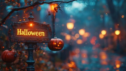 Canvas Print - A sign with the word Halloween on it is hanging from a tree