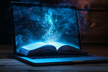 Digital open book glowing on a black laptop screen in a dark room.