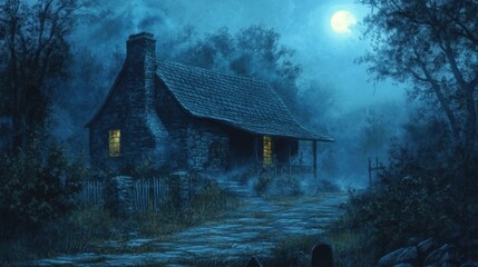 Canvas Print - A house with a chimney and a porch is shown in the dark of night