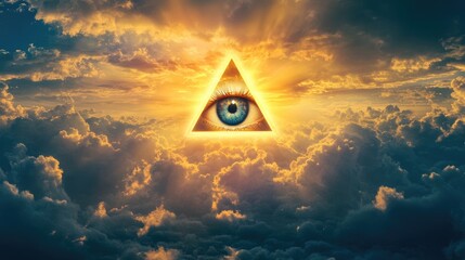 Shining Eye of Providence in cloudy sky at sunset. All-seeing God's eye in heaven. Symbol of Illuminati and Freemasons