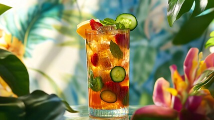 Wall Mural - A vibrant Pimm’s Cup with fresh fruit and cucumber slices, set against a lively, garden-themed backdrop