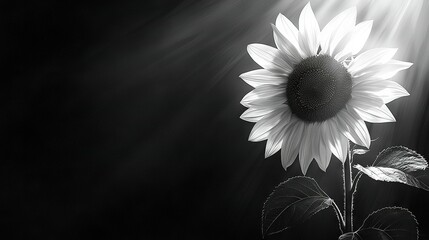 Wall Mural -   A black and white image of a sunflower illuminated by the sun's rays, showcasing the intricate details of its petals and leaves