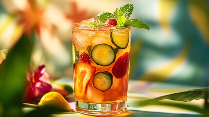 Wall Mural - A vibrant Pimm’s Cup with fresh fruit and cucumber slices, set against a lively, garden-themed backdrop