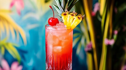 Wall Mural - A vibrant Singapore Sling with a cherry and pineapple garnish, set against a lively, tropical-themed backdrop