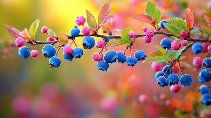 Wall Mural -   A zoom in of red and blue berries on a tree's green leaves