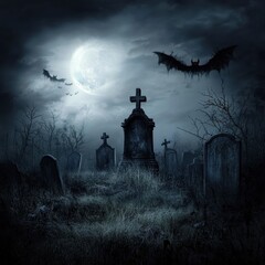 Wall Mural - A graveyard with a large moon in the sky and bats flying around