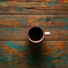 vibrant wooden table, abstract colorful textures, rustic, coffee mug, top view, bright and playful, detailed wood grain, bohemian style