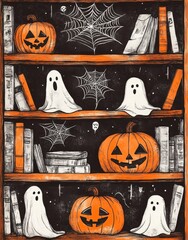 Sticker - A Halloween themed bookcase with a variety of books and pumpkins