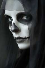 Poster - A woman with a skull painted on her face and a black veil over her head