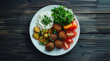 Wall Mural - Platter of falafel is accompanied by yogurt dip, potatoes, parsley, and tomatoes on a rustic wooden table