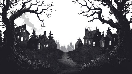 Sticker - A black and white drawing of a forest with houses in the background