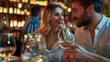 © Diffin - A couple enjoying a glass of white wine together in a vibrant, cozy wine bar. The warm, soft lighting and happy expressions create a joyful, romantic atmosphere. Ideal for date night and celebration