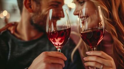 romantic dinner with red wine against soft evening lights, a couple enjoying the moment. perfect for