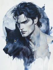 Wall Mural - handsome man with wolf - watercolor illustration - fantasy horror romance - generative ai