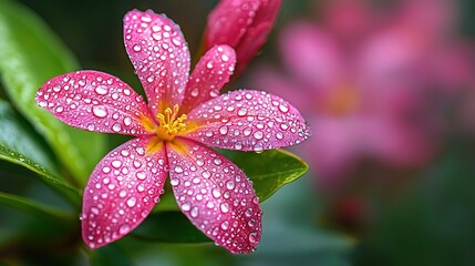 Wall Mural -   Close-up of pink flower with water droplets and green leaf in foreground