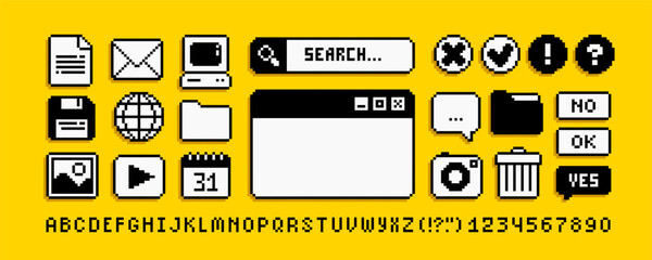 pc user interface icons in 90s pixel art style (2). retro pixel video game style office and organize