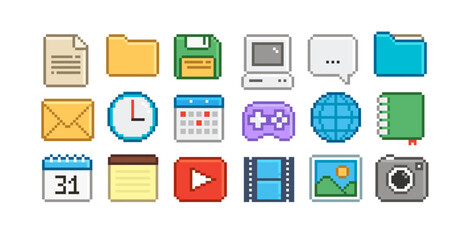 Wall Mural - PC icons set in 90s retro game style. 8-bit pixel video game style office and organizer App icons set, gamepad, browser, male, PC icon, media player. Pixel office Memo icons. Editable pixel vector