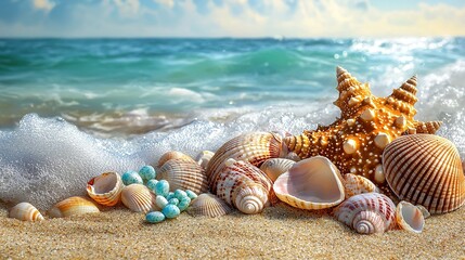 Poster -  Seashells & Starfish on Beach