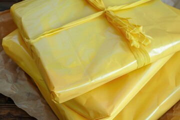 Yellow Wrap. Close-Up of 2 Raw Paper Sheets for Packing