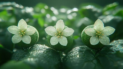 Wall Mural -   A close-up of three green flowers with water droplets and a leafy plant background