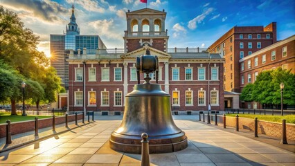 Historic American icon, a massive bronze bell with prominent crack, proudly displayed on a pedestal in a sun-drenched Philadelphia Independence Hall courtyard.