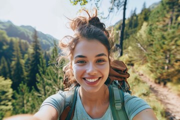 Woman Taking A Selfie. Exclusive Portrait of a Happy Female Hiker Sharing her Journey