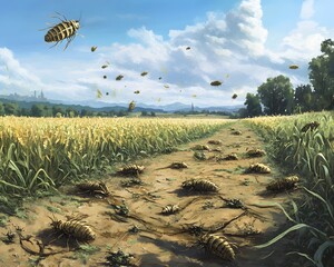 A swarm of giant insects flying and crawling over a path in a field on a sunny day with blue skies and scattered clouds.