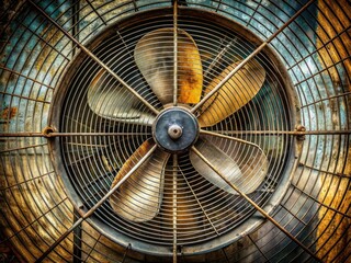 Industrial fan blades rotate behind a metal grate, showcasing intricate mechanical design, structure, and textured details in a utilitarian, grungy environment.