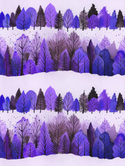 Wall Mural - Seamless pattern with hand painted watercolor purple forest on paper. Cute violet graphic trees illustration for print, graphic design, wallpaper, wrapping paper