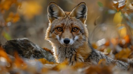 Wall Mural - a close-up view of a watchful fox among autumn foliage in a serene forest setting during a sunny aft