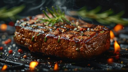 Wall Mural - Sizzling Summer BBQ: Tasty Beef Steak on Grill with Smoke and Flames - Perfect Food Photography Background