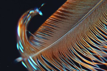 Render of fantastic exotic bird feathers on a black background with a macro effect. Desktop background, biology and the world around us