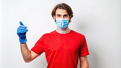 isolated male figure wearing red t-shirt, blue face mask, and gloves, holds or displays an object, against a clean white background, perfect for template use.