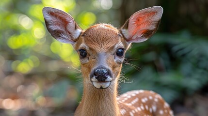 Wall Mural - a young fawn gazes curiously while surrounded by a lush forest during a sunny afternoon, showcasing 