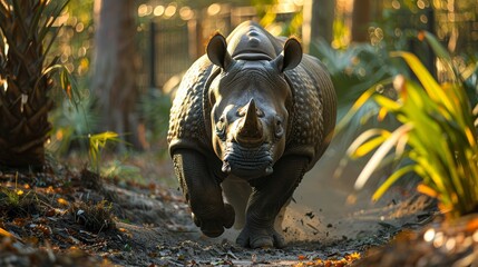 Wall Mural - a rhinoceros runs through a sunlit forest path, surrounded by lush greenery and vibrant foliage duri