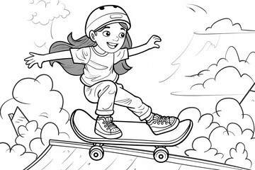 A young girl of Asian descent joyfully skateboarding down a ramp, wearing a helmet and casual attire, showcasing confidence and freedom.