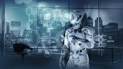 Wall Mural - an android engaging with interactive virtual screen.