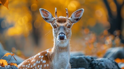 Wall Mural - a young deer with distinctive spots stands calmly amidst vibrant autumn foliage, showcasing its natu