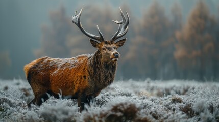 Wall Mural - majestic stag standing amidst frosted grass in a serene forest landscape during early morning light 