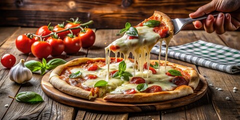 Juicy slice of hot pizza being lifted to unseen eater, gooey mozzarella stretching, savory aromas wafting, on rustic wooden table surrounded by utensils and napkin.