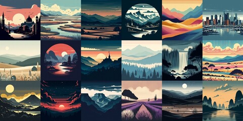 Wall Mural - Landscape in minimalistic style. AI generated illustration