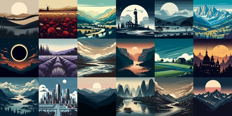 Wall Mural - Landscape in minimalistic style. AI generated illustration